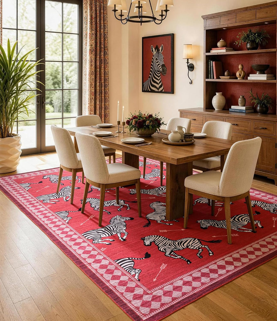 Red Zebra Area Rugs, Washable Animal Print Rug with Checkered Border, Non-Slip Low Pile Mid-Century Modern Carpet