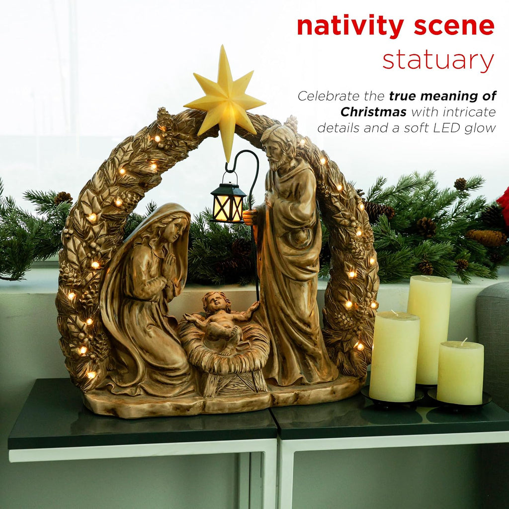 25" Tall Indoor/Outdoor Nativity Scene Lighted Holiday Decor with Warm White LED Lights, Christmas Displays, Brown