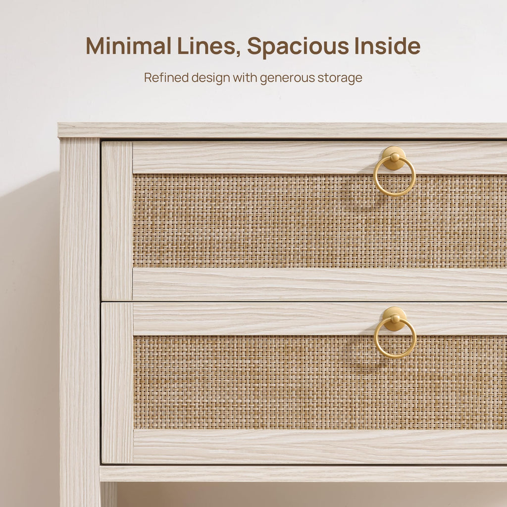 White Rattan Nightstand Set of 2, Wide Bedside Table with 2 Drawers