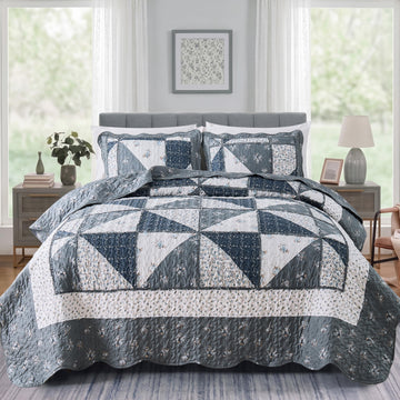 Quilt Bedding Set Grey Floral Patchwork Quilted Bedspread Set