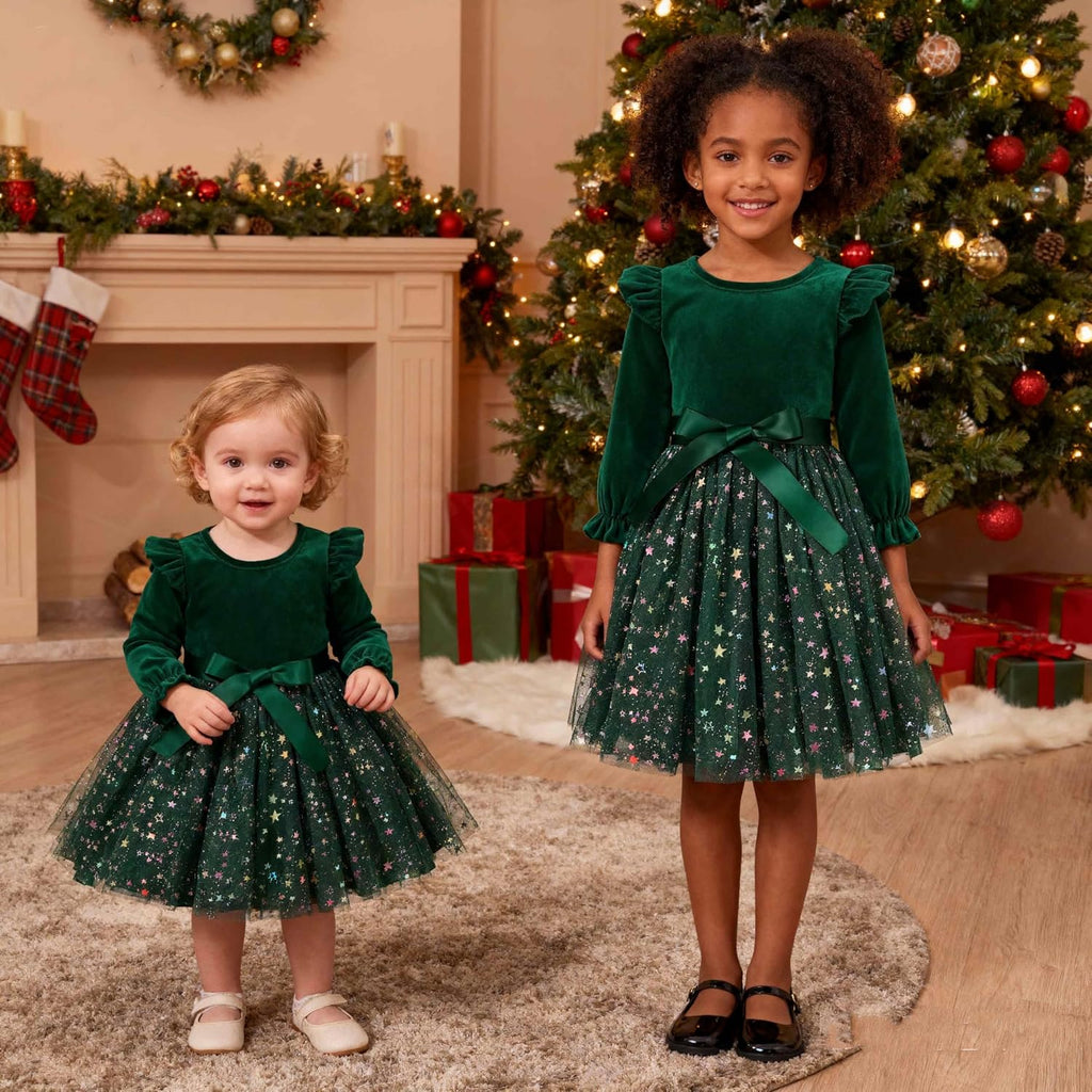 Toddler Girls Tutu Dresses Velvet Tulle Dress with Sequin Long Sleeve Holiday Party Fall Winter Dress