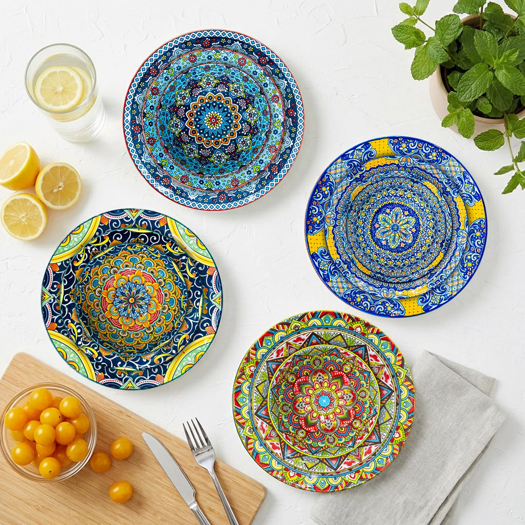 12 Pieces Dinnerware Sets, Ceramic Plates and Bowls Set, Microwave and Dishwasher Safe, Scratch Resistant, Bohemian