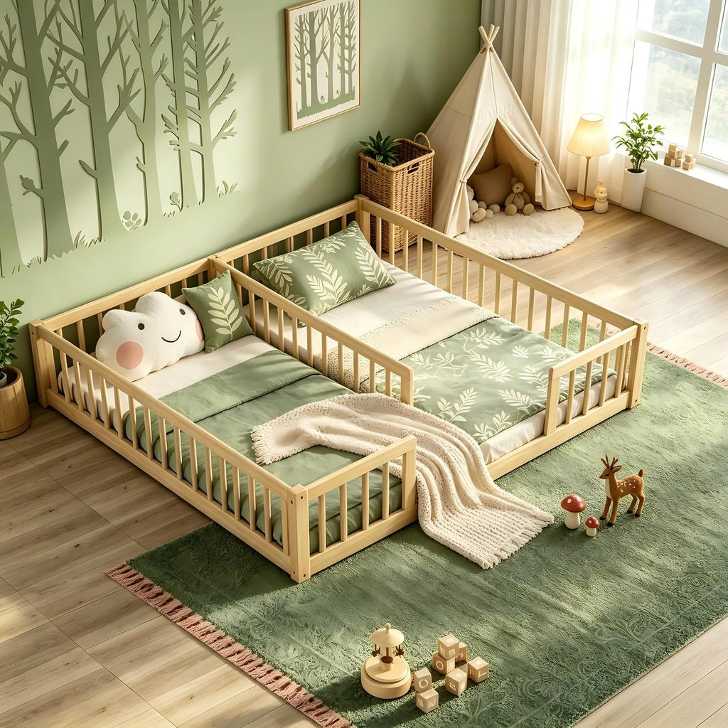 Double Floor Bed with Fence for Kid, Natural