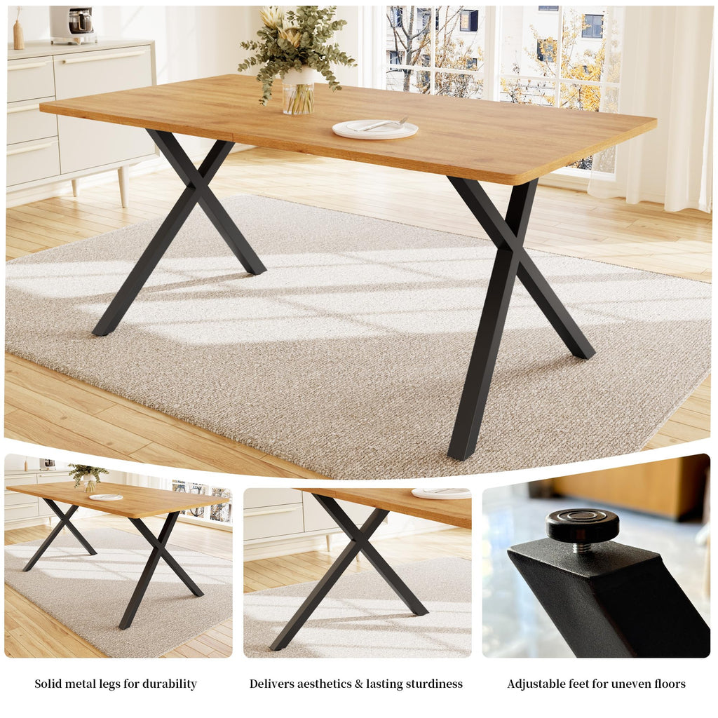 7-Piece Dining Table Set for 6 People, 63" MDF Kitchen Table with 6 Upholstered Chairs, Metal Legs (Oak Table+6