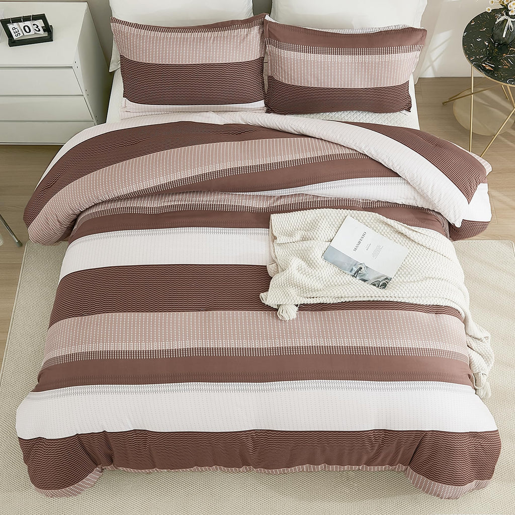 Brown Comforter Set - 3 Pieces Stripe Bed Set