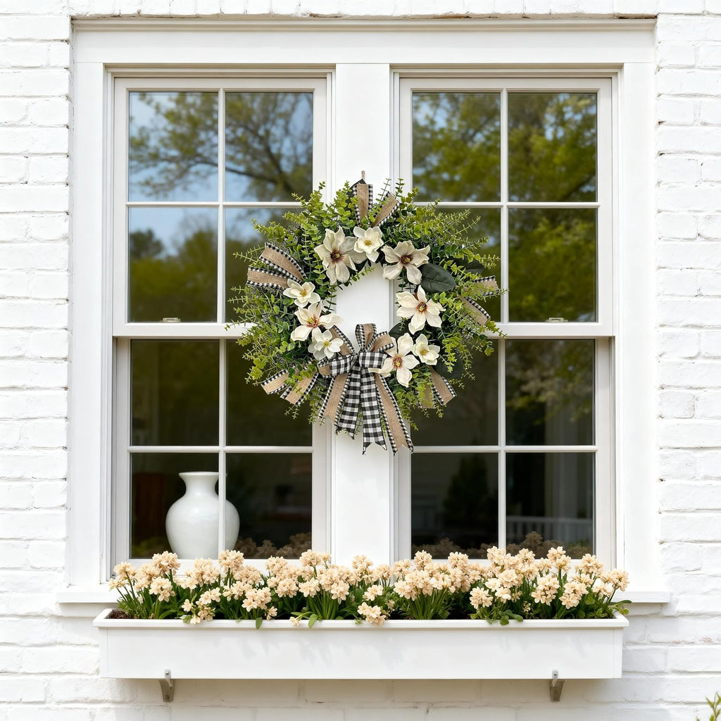 24 Inch Artificial Magnolia Wreath for Front Door - Farmhouse Boxwood Greenery Wreath with Buffalo Plaid Bow