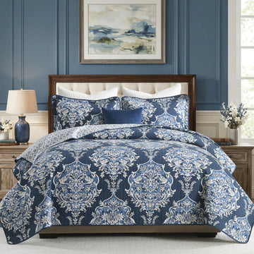 Quilts, Vintage Damask Floral Quilt Set, Navy/Beige