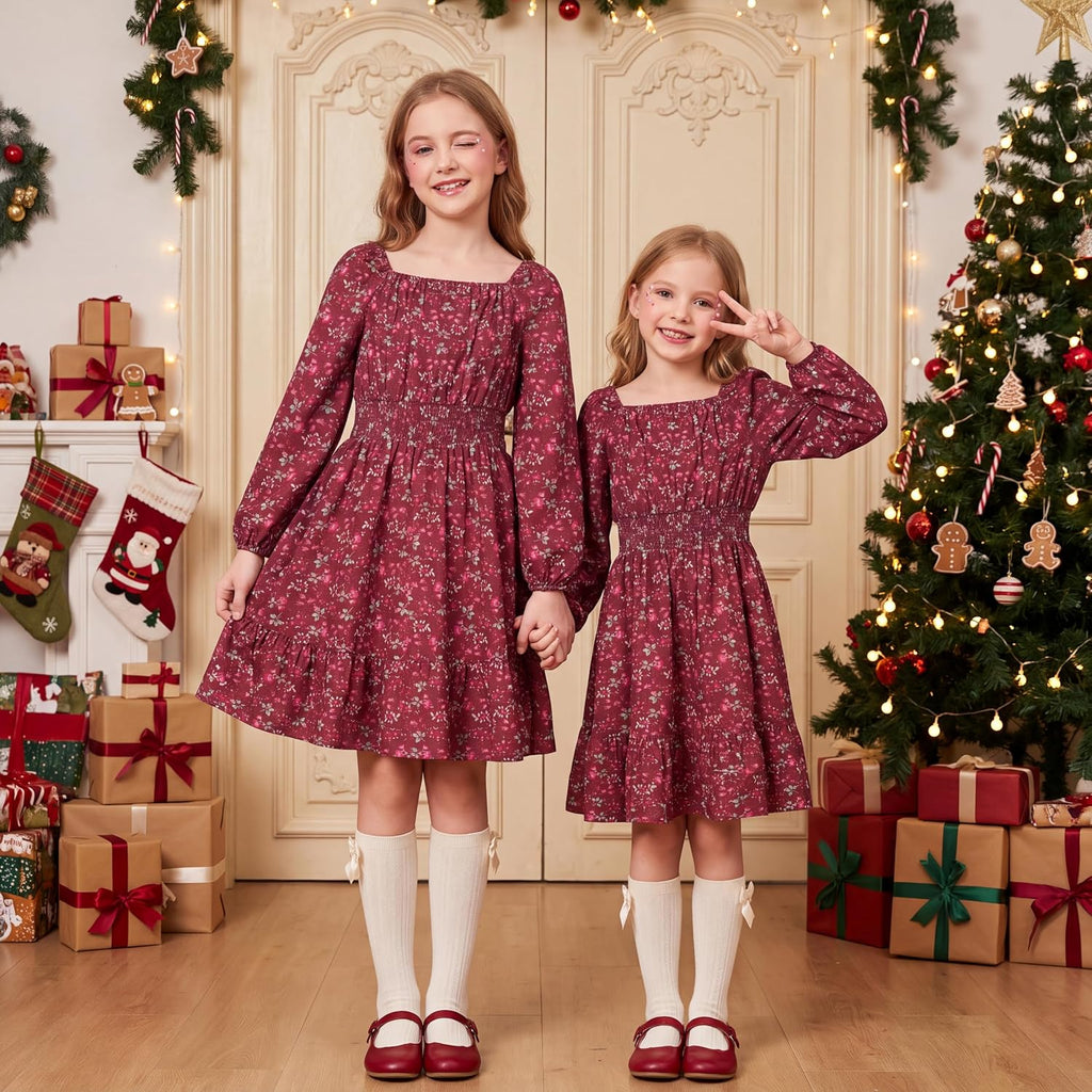 Girls Fall Dress Floral Long Sleeve Midi Smocked Waist Holiday