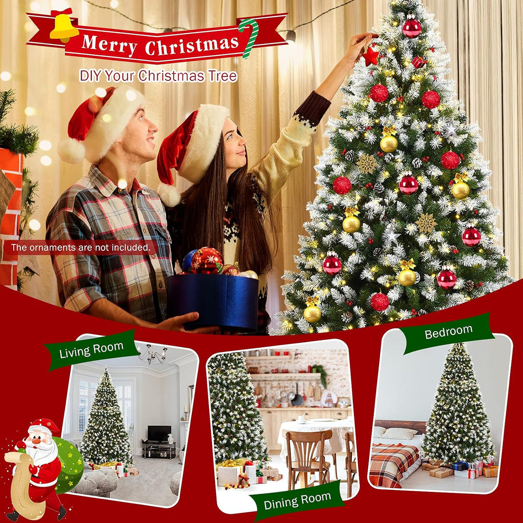 Pre-lit Artificial Christmas Tree, Hinged Snow Flocked Xmas Tree w/Pine Cones, Red Berries & 900 LED Lights, 8