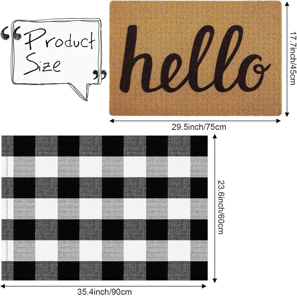 2 Pcs 24'' x 35.5'' Buffalo Plaid Checkered Rug with 18'' x 30'' Hello Doormat, Rubber Non Slip Front Door Mat