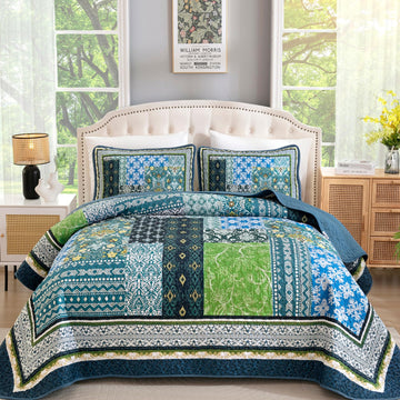 Boho Quilt, 3 Pieces Teal Patchwork Quilt Soft Coverlet Reversible Lightweight Farmhouse Quilts with 2 Pillow