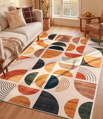 Boho Washable Area Rugs, Mid-Century Modern Rug Non Slip Minimalist, Bauhaus Throw Floor Carpet Dining Room