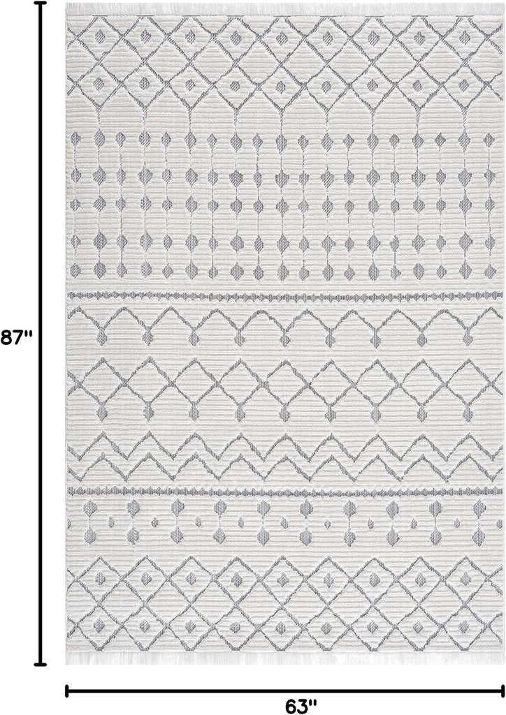 Trellisade Collection Living Room Area Rug - Moroccan Trellis Farmhouse - High Low Fringe Carpet - White, Cream, Gray