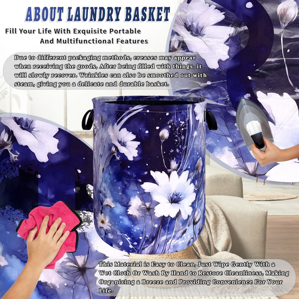 Blue Daisy Floral Laundry Basket Oxford Cloth Foldable Hamper 18.9x16.5 In