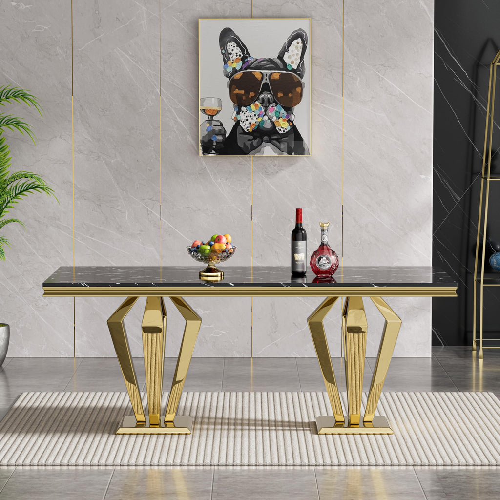 68" Black Marble Dining Table, Luxurious Marble Table Dining with 0.71" Thick Printed Marble Top and Gold