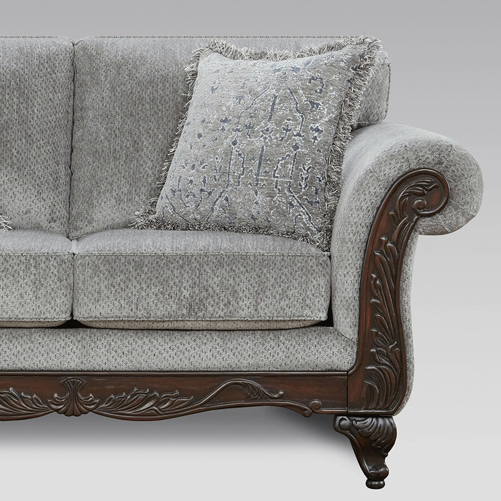 Hernen Carved Wood Frame Loveseat, Gray