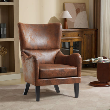 Mid-Century Modern Wingback Chairs, Accent Club Chair with Nailhead Trim, Faux Leather Armchair Sofa Reading Single