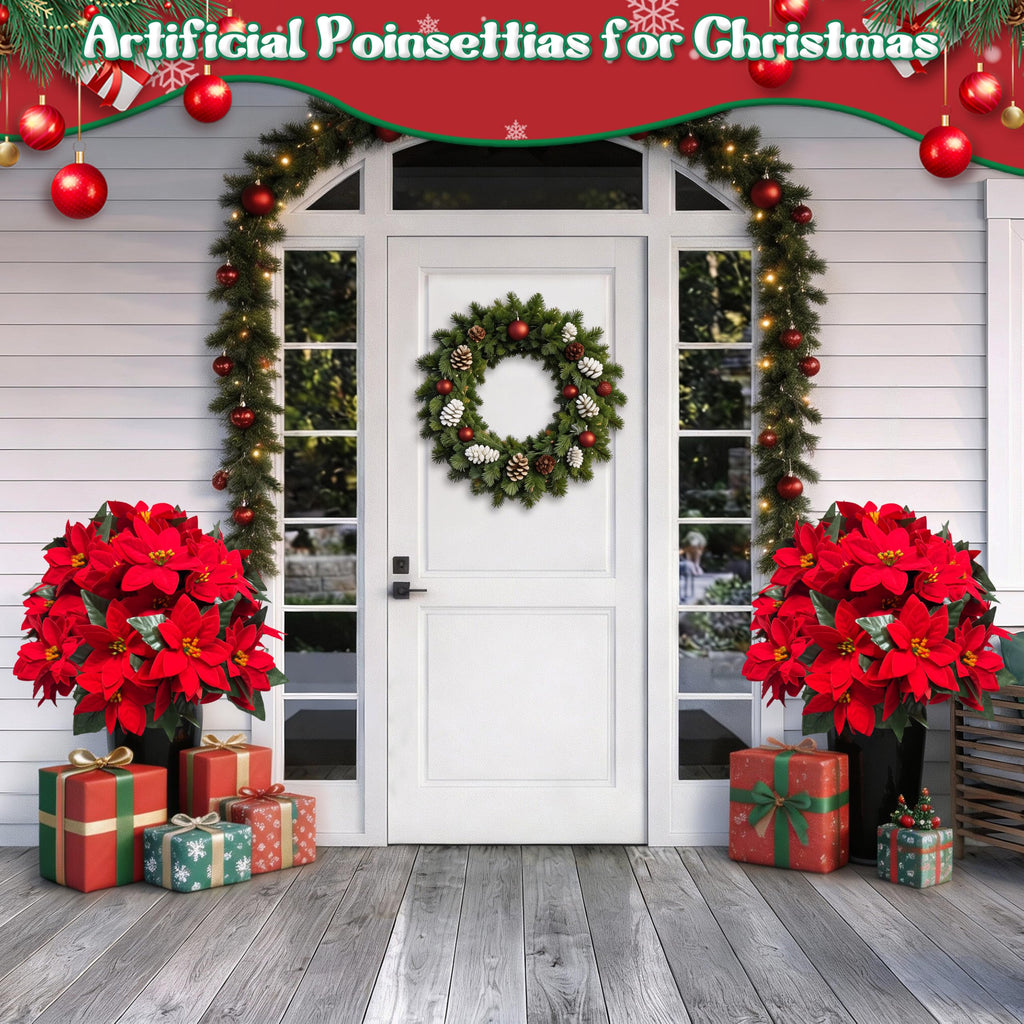 27'' Christmas Outdoor Artificial Poinsettia Flower Topiary Tree 2PCS