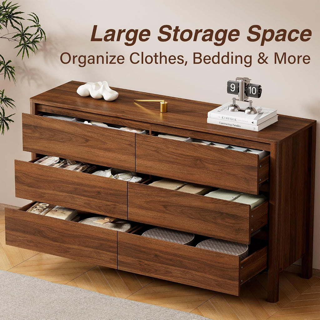 55" Mid-Century Modern Dresser , 6 Drawer Wide Chest of Drawers with Wood Legs, Large Storage Bedroom Dresser, Walnut