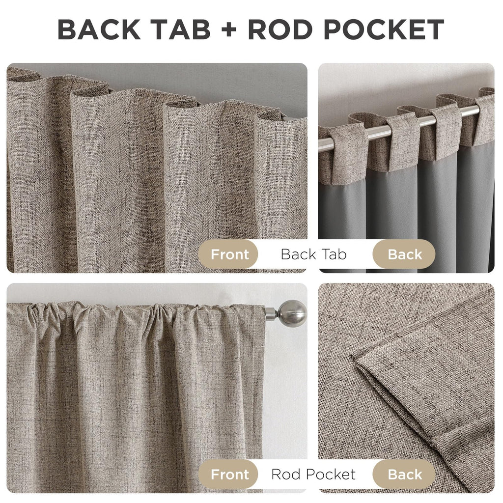 100% Blackout Curtains, Natural Linen Curtains, Thermal Insulated Light Blocking Drapes, Rod Pocket & Back Tab