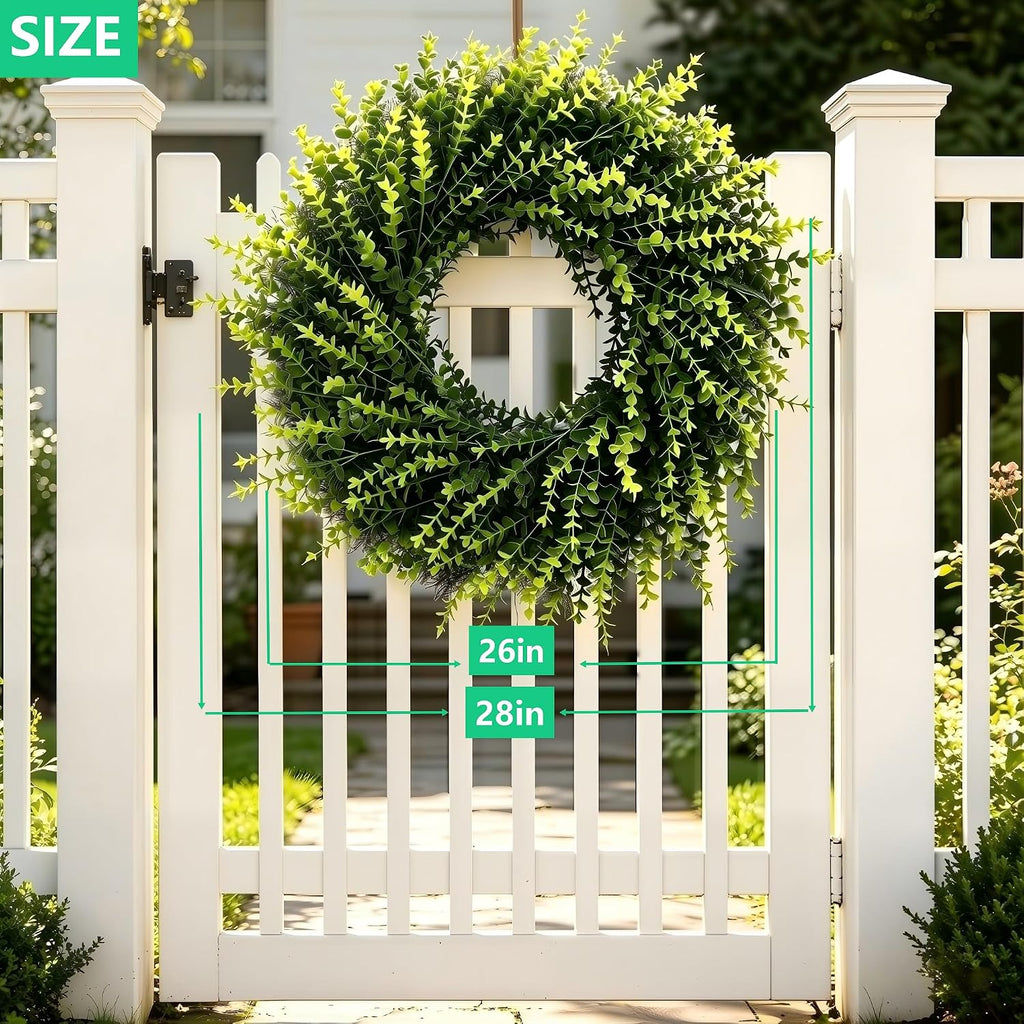 All Season Artificial Boxwood Wreath for Front Door, Farmhouse Year Round Greenery Wreath Outdoor with Hanging Tag