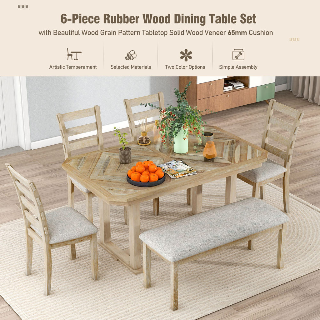 6-Piece Rubber Wood Dining Table Set with 4 Cushioned Chairs and Bench, Beautiful Wooden Grain Pattern Tabletop