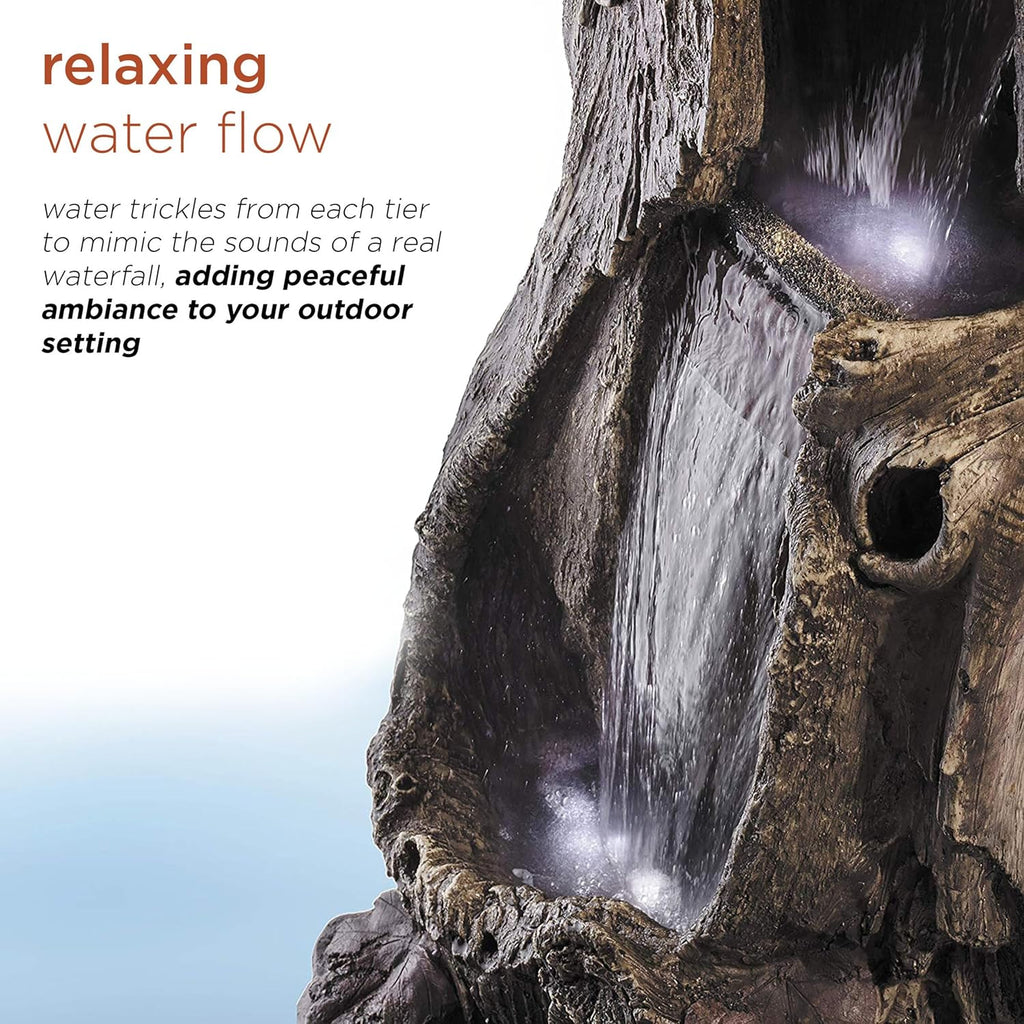 Outdoor Rainforest Waterfall Tree Trunk Floor Fountain with LED Lights, Tiered Garden Decor, 41" H, Brown