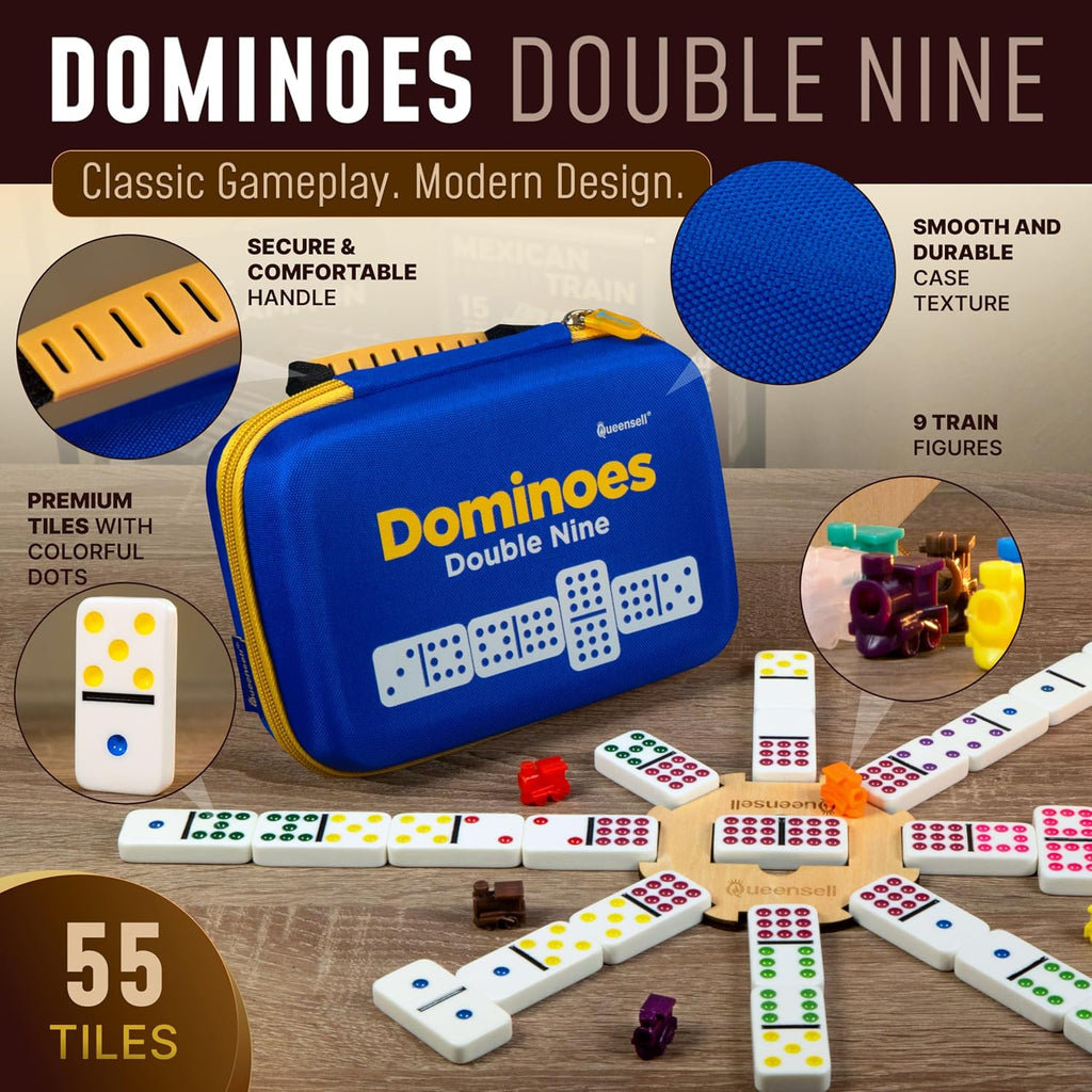 Double 9 Dominos Set for Adults and Kids with Colored Dots - Classic Dominoes Game Set with 55 Tiles, Wooden Hub