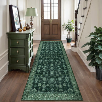 Washable 2.6x8 Runner Hallway Rug Non Slip, Dark Green Runner Rug