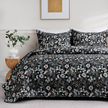 Black Paisley Floral Quilt Set, Microfiber Quilted Blanket