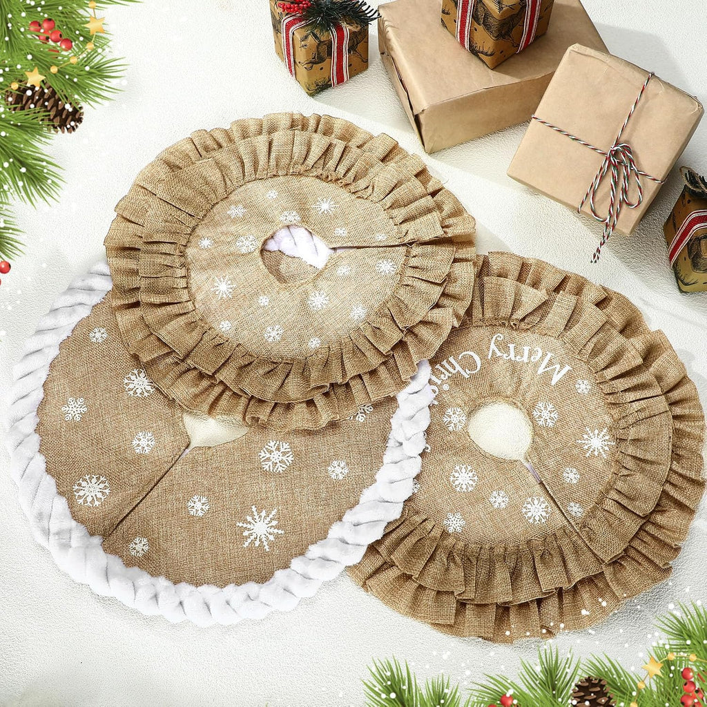 Inch Mini Burlap Christmas Tree Skirt Rustic Farmhouse Small Tree Skirt Linen Burlap Mat Printed with White - Set of 3