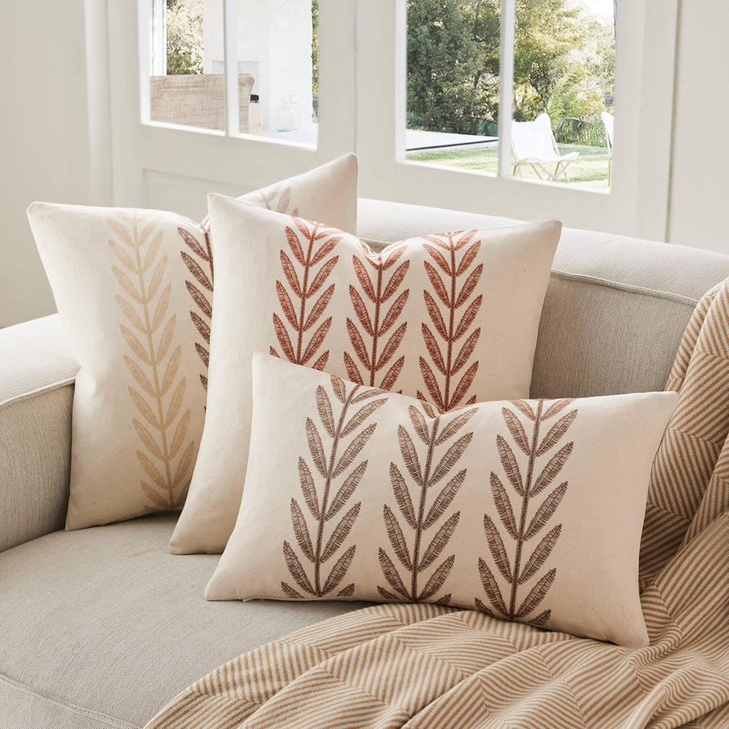 100% Cotton Farmhouse Leaves Throw Pillow Covers Set of 2, 18x18 Inch Mixed Beige Pastoral Decorative Print Cushion