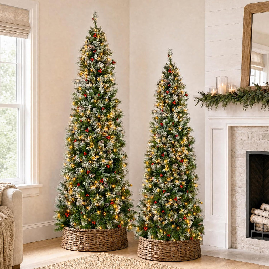 Pencil Christmas Tree Pre-Lit w/Viral Twinkling Lights, Slim Pre-Decorated Artificial Frosted Pine Skinny Holiday