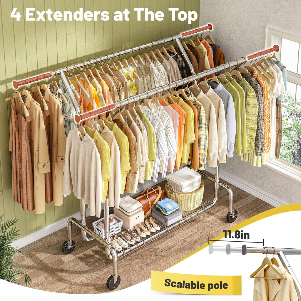Heavy Duty Clothes Rack 630 LBS Double Rods Sturdy Shelves & Wheels
