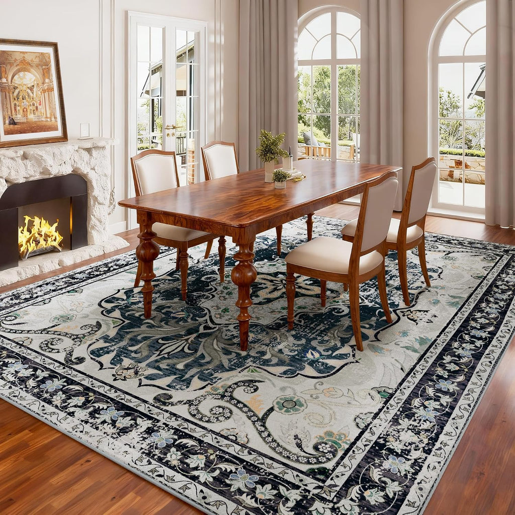 Washable Area Rugs, Non-Slip Boho Vintage Traditional Medallion Print Pattern Carpet Dining Room Farmhouse