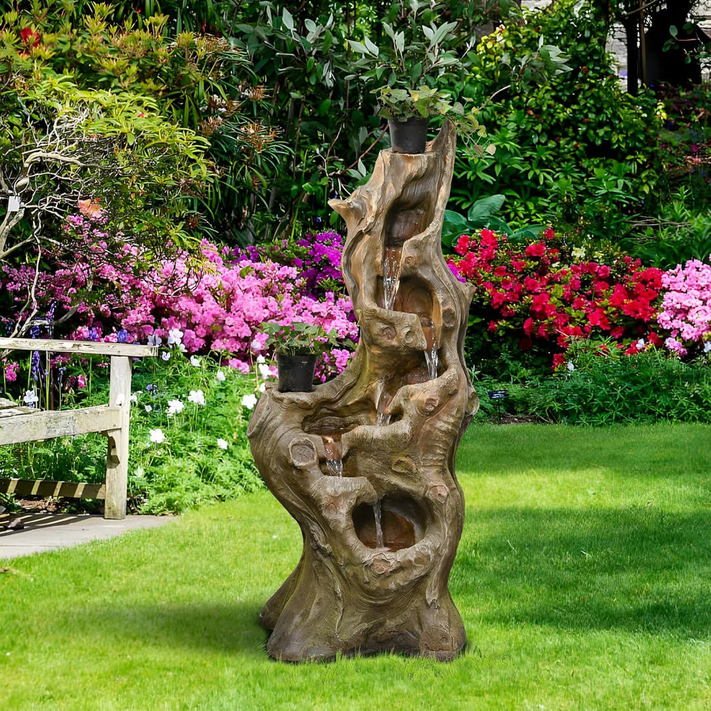 Water Fountain Outdoor 5-Tiers Large Cascading Realistic Tree Trunk Natural Waterfall Outdoor Fountains Resin