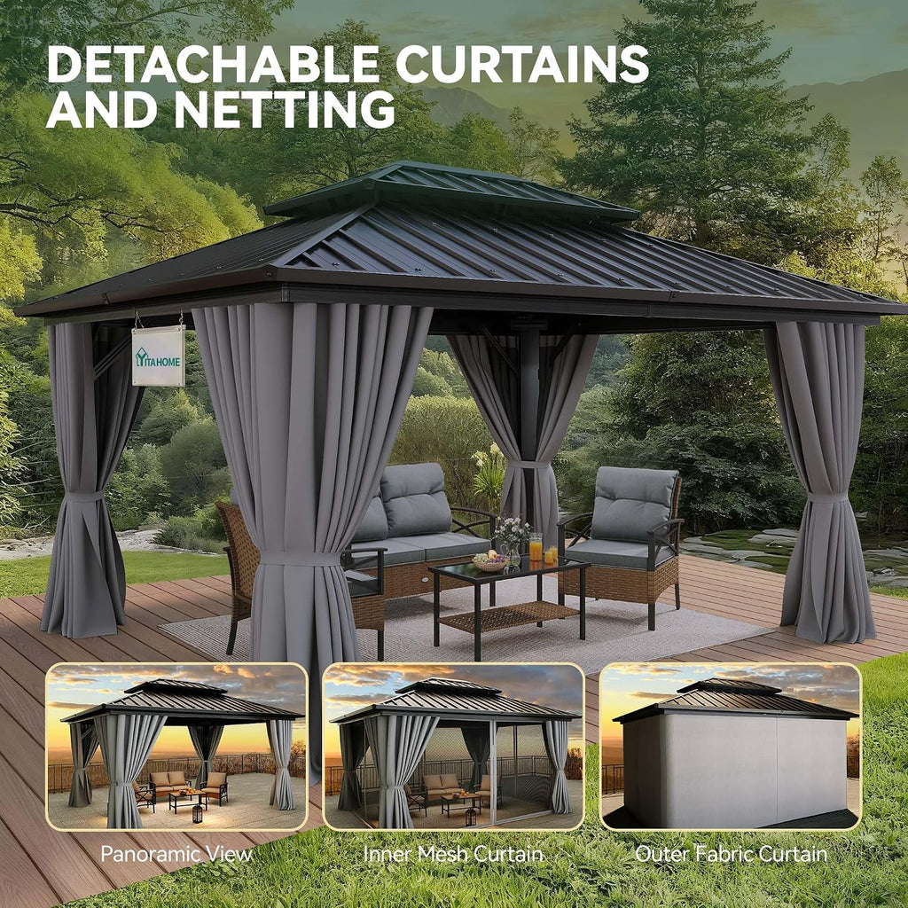 10X12FT Hard Top Gazebo Aluminum Frame Patios Double Roof Canopy Garden Metal Gazebo Tent Curtains Netting for Patios