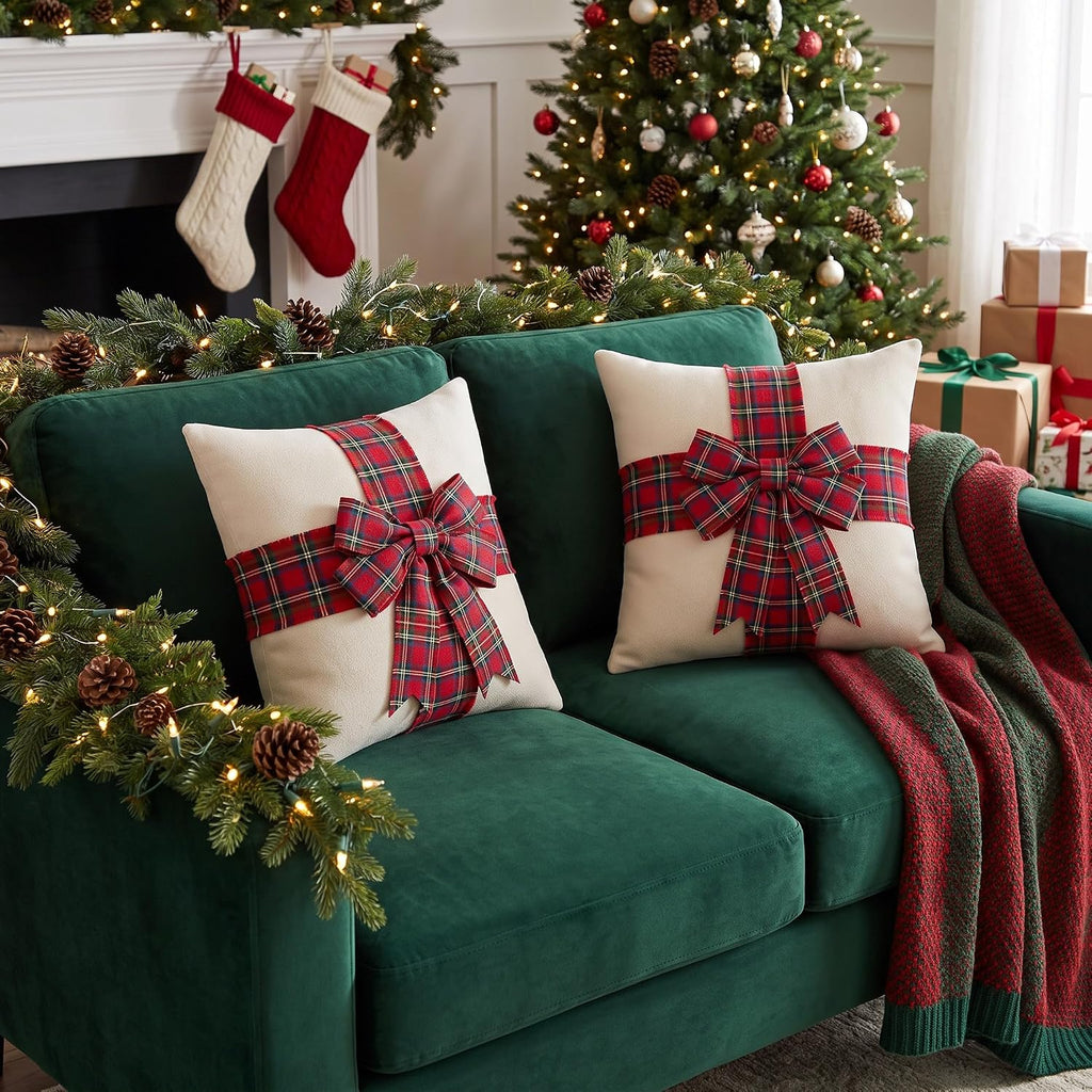 Christmas Pillow Covers with 3D Red Plaid Bow - Set of 2