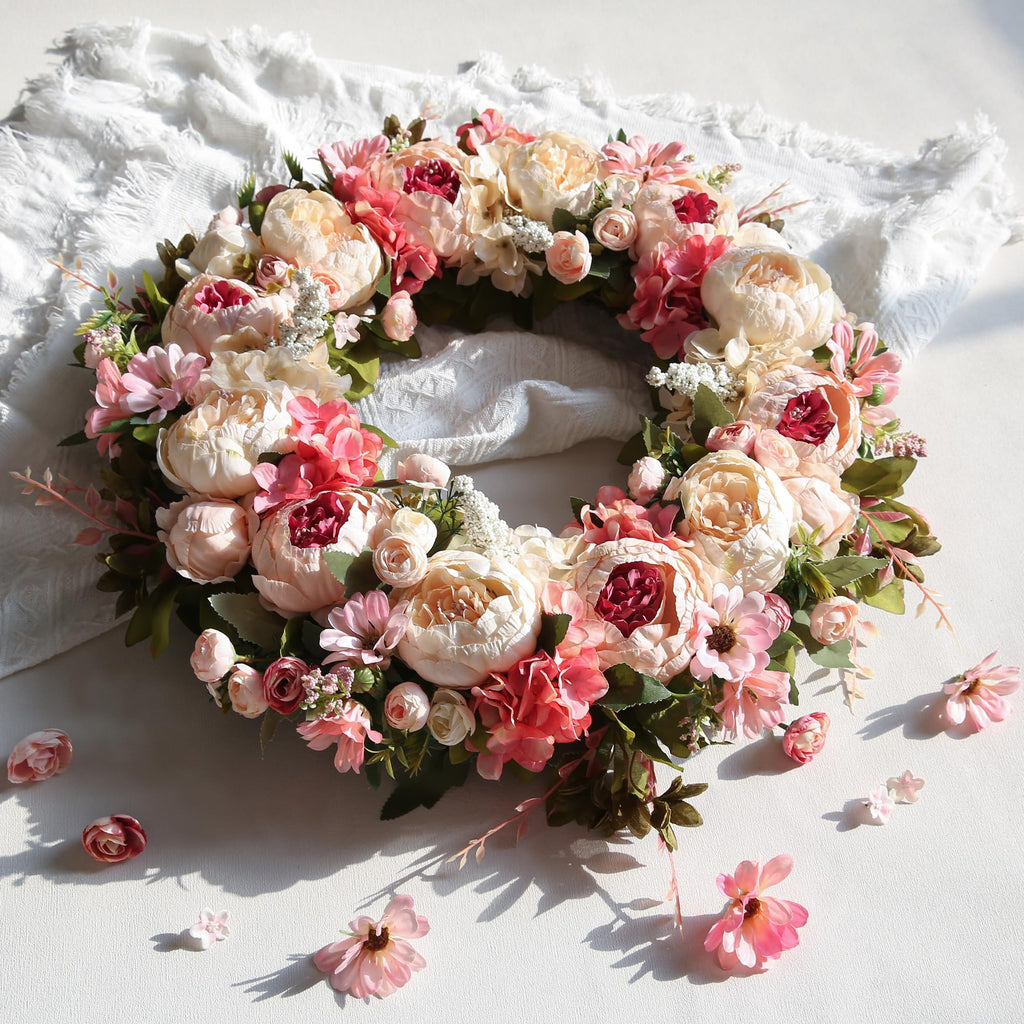 Peony Wreath 23'' Spring Wreaths for Front Door, Artificial Large Floral Wreath for Front Door Wall Decor