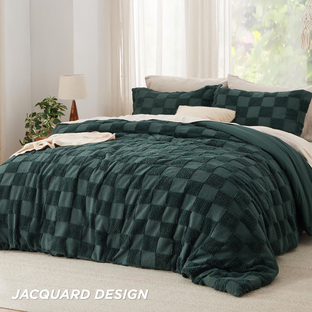 Queen Size Comforter Set Emerald, Boho Tufted Bed Set, Checkered Farmhouse-Style Distressed Vintage Bedding, 3