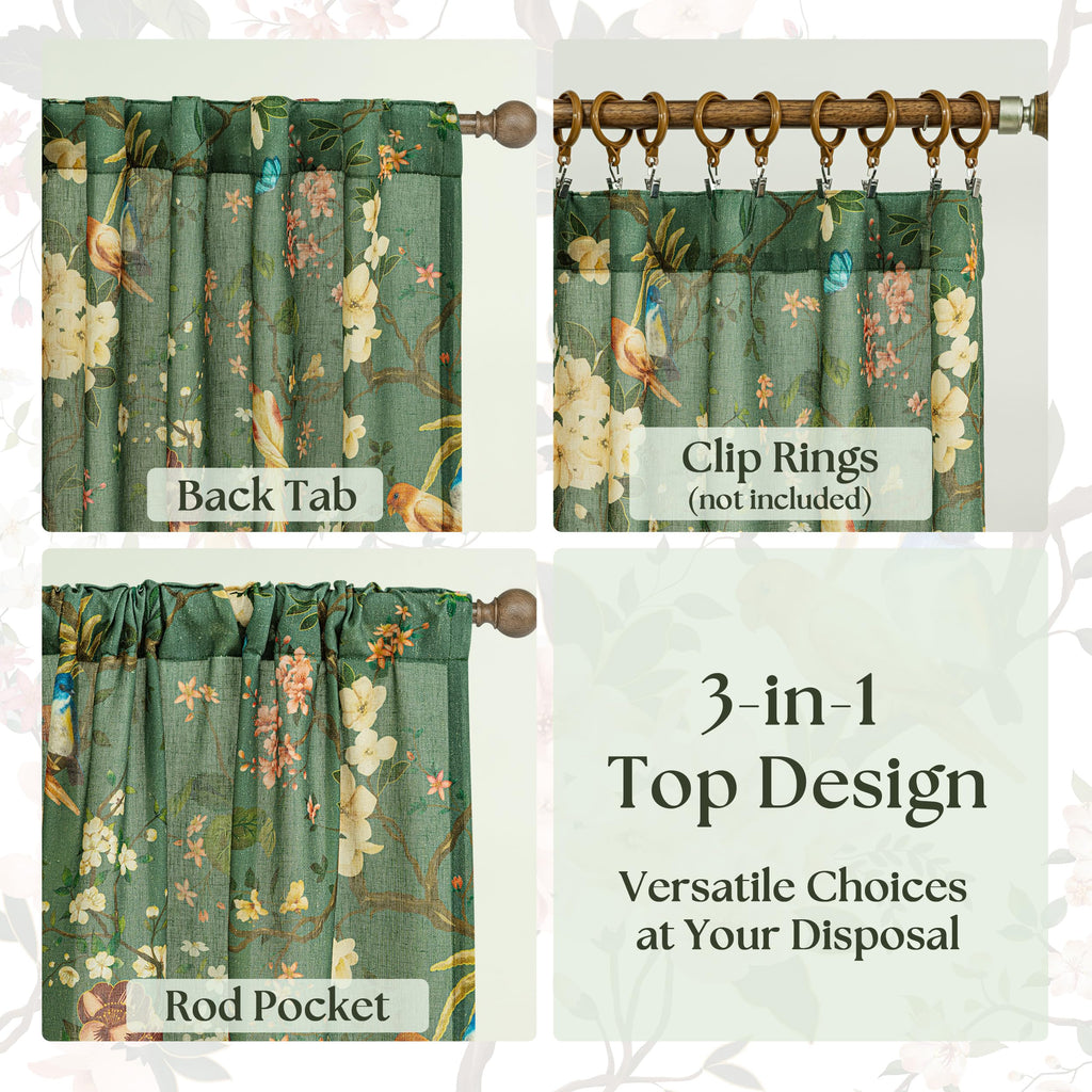 120 Inch Dark Olive Green Floral Bird Curtains 2 Panels Set