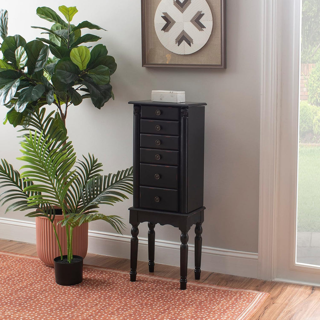 Ebony Jewelry Armoire, Distressed Ebony Black; Black Lining