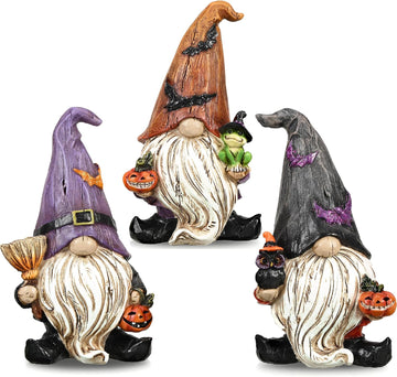 Gnomes Halloween Decorations Indoor, Resin Gnome Decor with Bat Witch Hat, Halloween Figurines Elf Dwarf - Set of 3