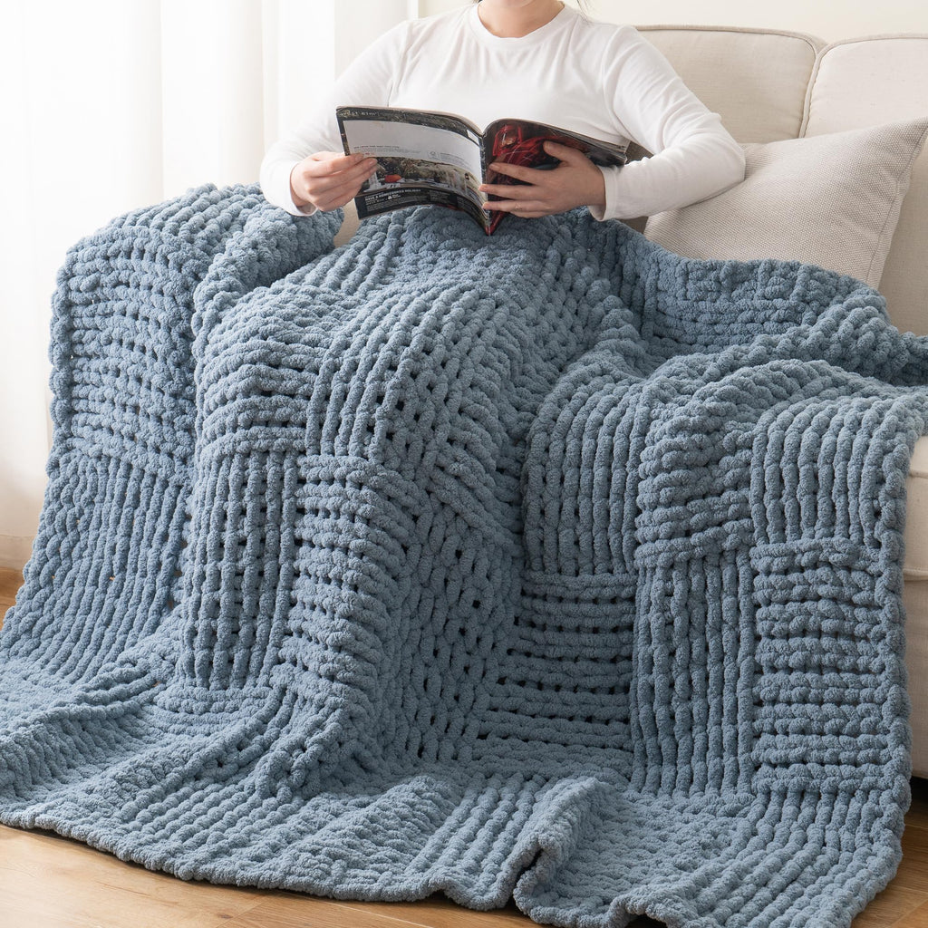 Blue Grey Throw Blanket for Couch, Chunky Knit Throw Blanket for Bed, Thick Warm Blue Crochet Blanket Decor, 50"x60"
