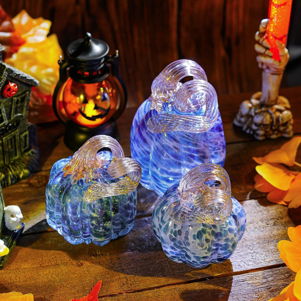 Blown Glass Blue Pumpkins Fall Harvest Halloween Table Decor - Set of 3