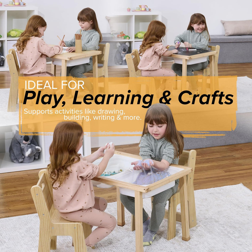 Cordia Kids Table and Chair Set - Montessori-Inspired Kids Workbench - with Two Chairs, Two Collapsible Bucket