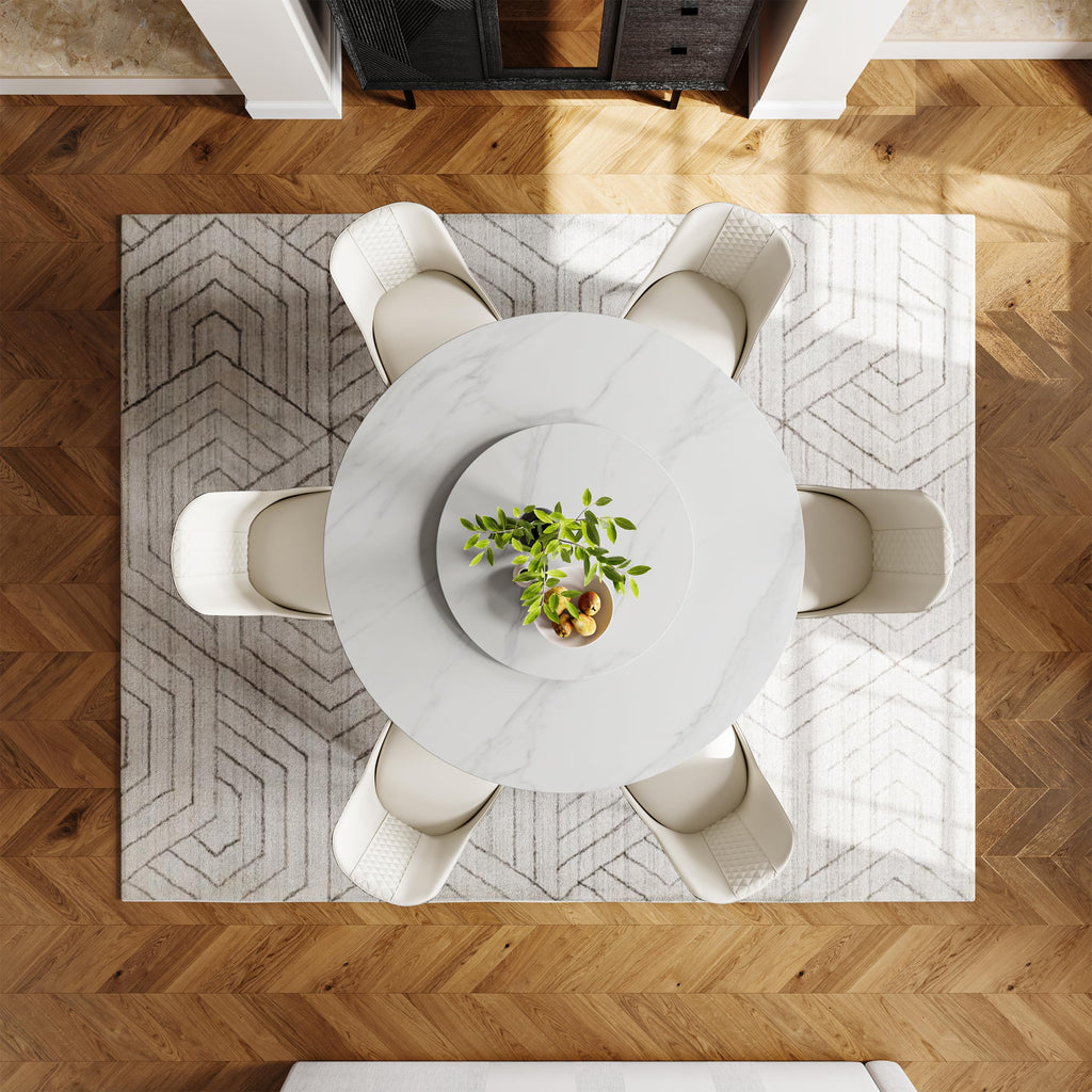 Round Dining Table for 6 with Lazy Susan, Modern 59" Marble Round Dining Room Table, Matte White Sintered Stone