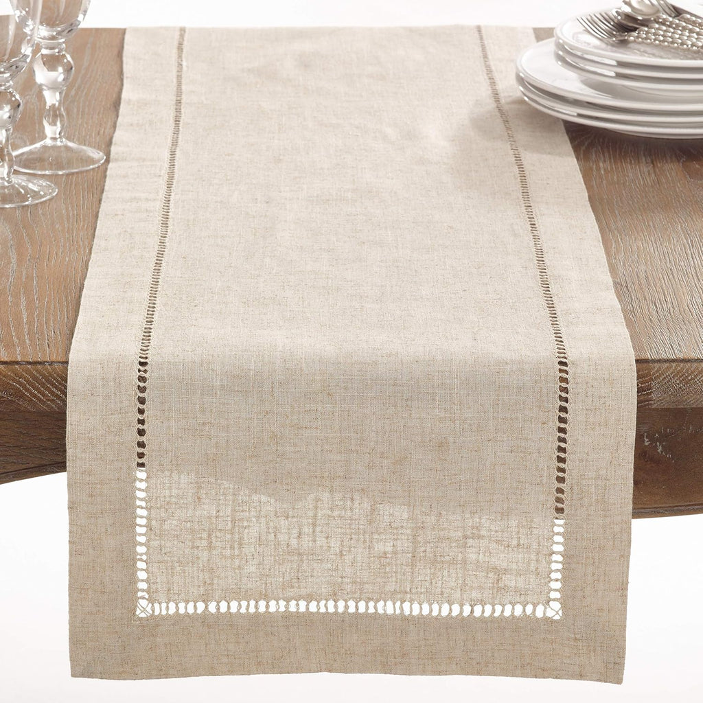 Poly and Linen Blend Hemstitched Table Runner with Hemstitch Border, 18"x108", Natural