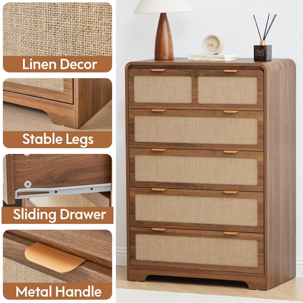 43" Tall 5 Drawer Dresser, Modern Wood Dresser, Walnut