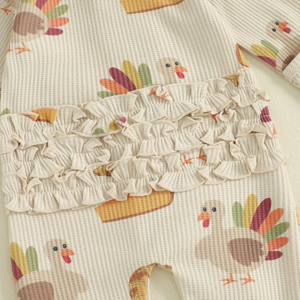 Baby Girl Thanksgiving Outfit Ruffle Romper Turkey Rolls Print Onesie Footie Jumpsuit Fall Winter Clothes (Khaki